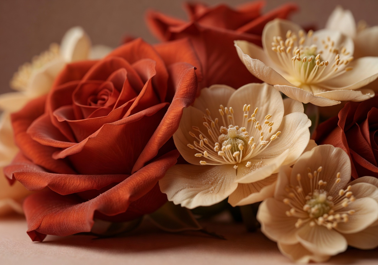 Macro detail of luxury terracotta and beige floral arrangement