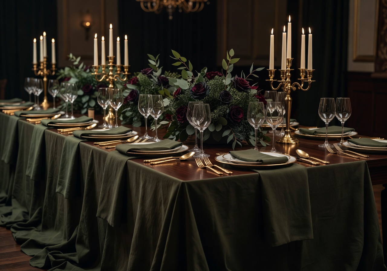 Fryd event elegant dinner setup with gold accents and dark olive linens