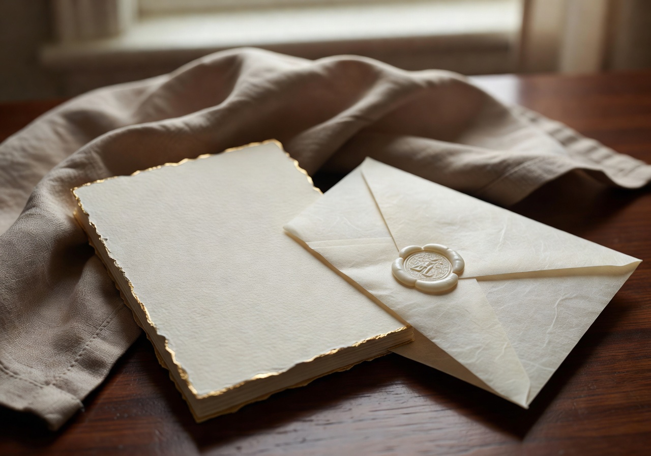 Close up of bespoke luxury wedding stationery and textured napkins