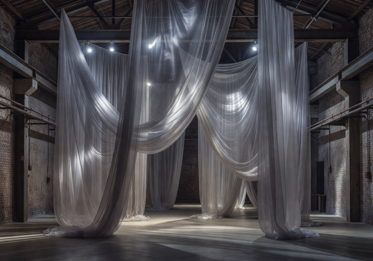 Dramatic sheer draping transforming an industrial venue