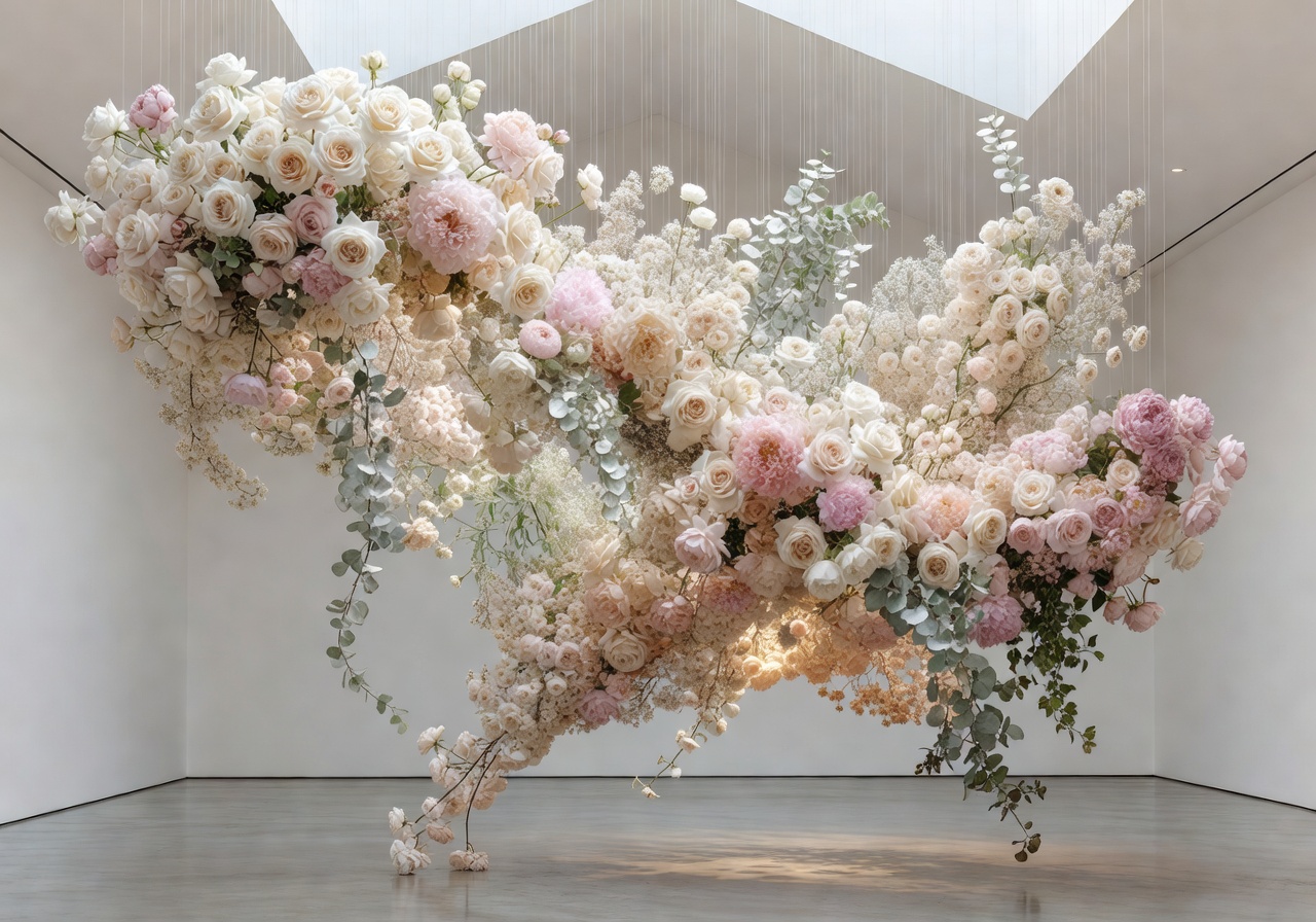 Massive hanging floral installation in champagne and blush tones