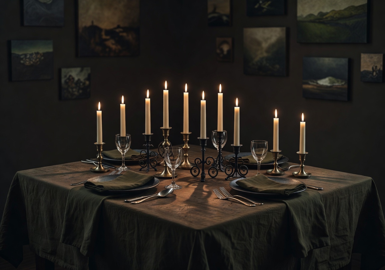 Moody candlelight dinner setup with dark olive linens