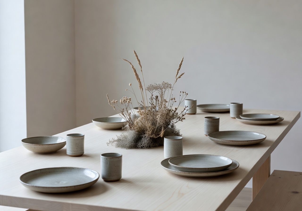 Nordic minimalist wedding table setting with raw ceramics