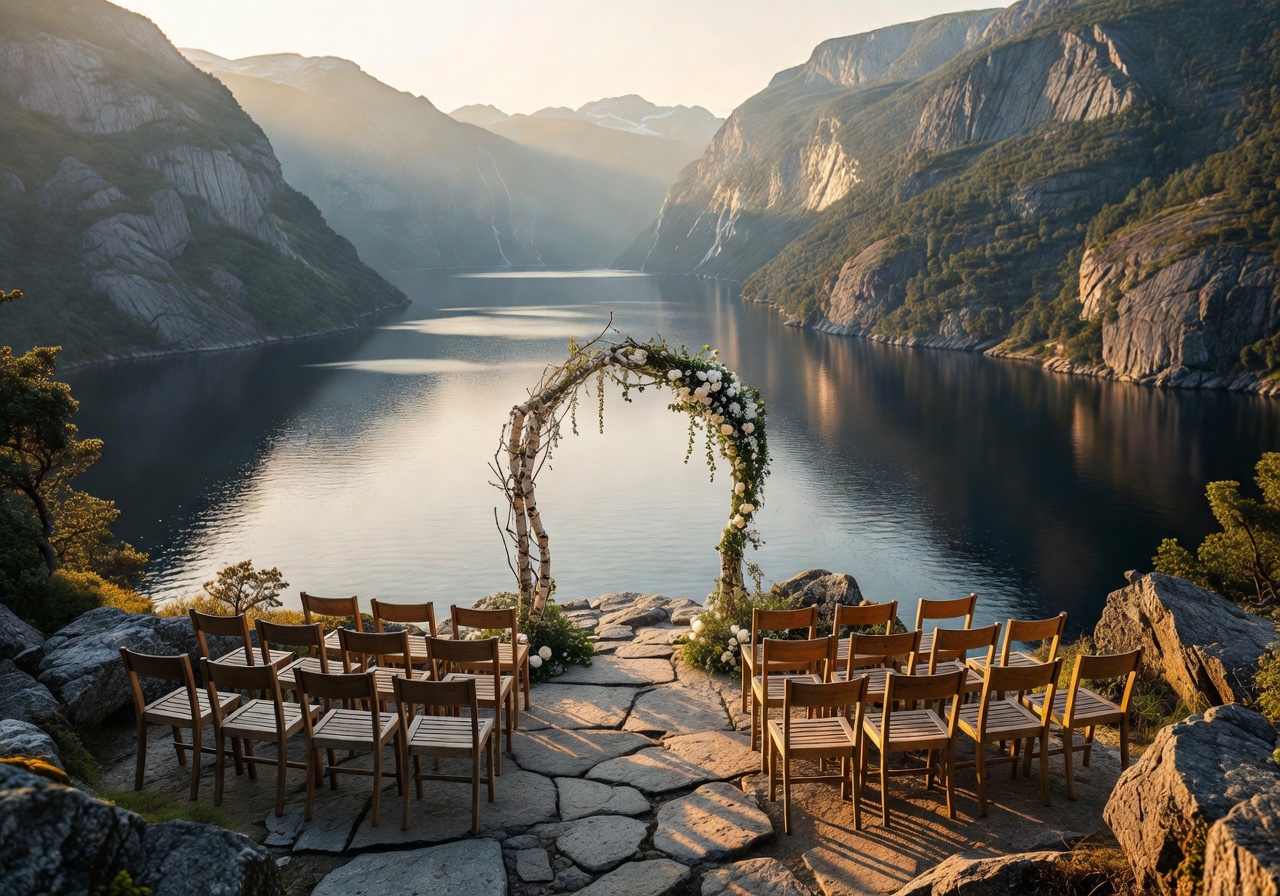 Outdoor wedding ceremony setup overlooking a stunning Norwegian fjord