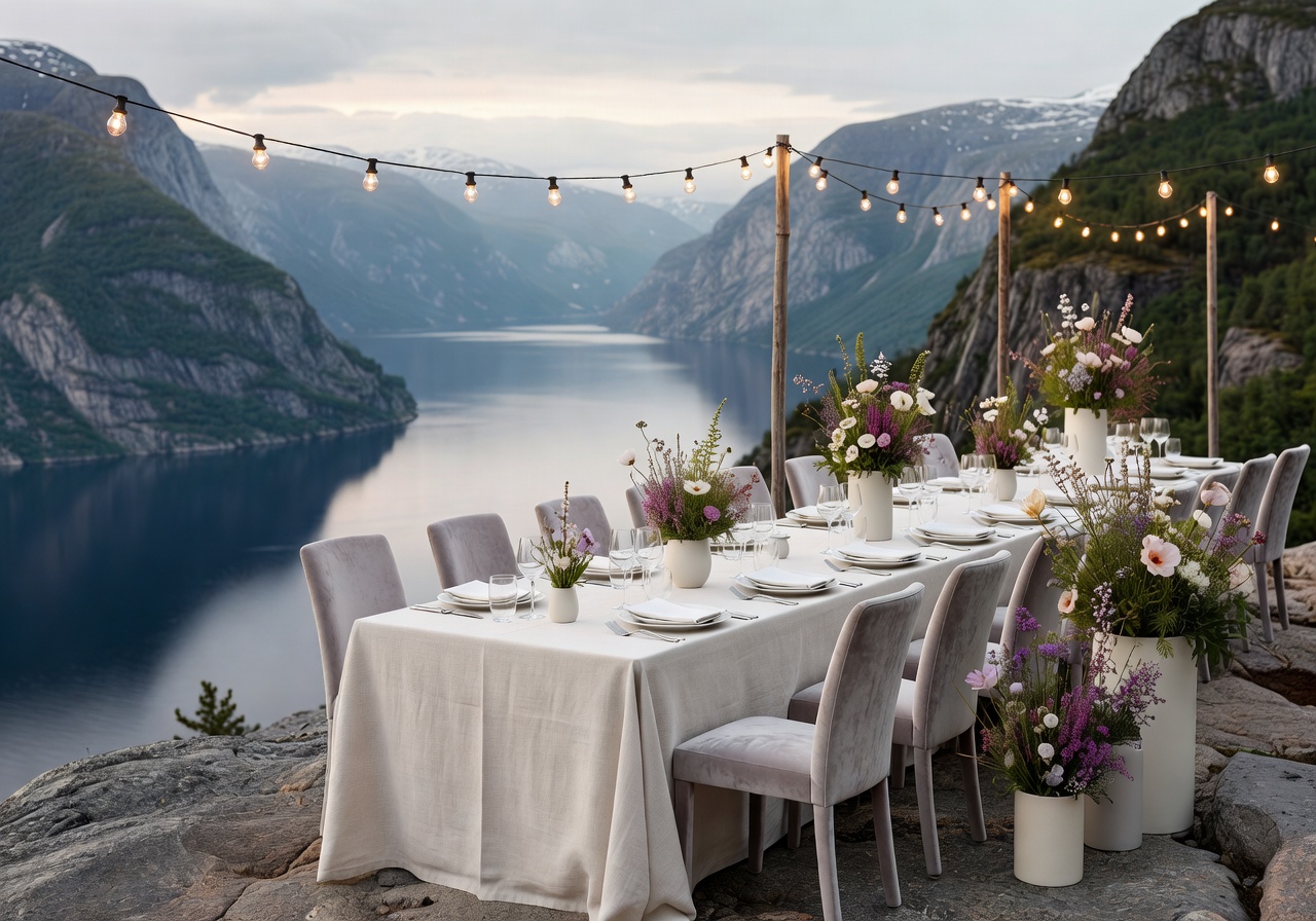 Hanne events destination wedding setup overlooking norwegian fjords