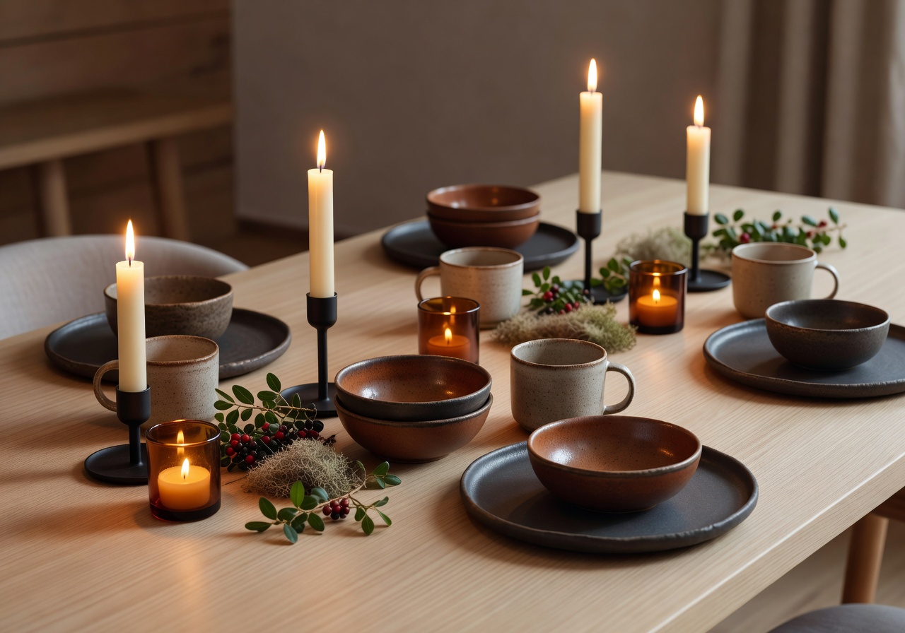 Intimate Nordic luxury table styling with earth tone ceramics and warm candlelight