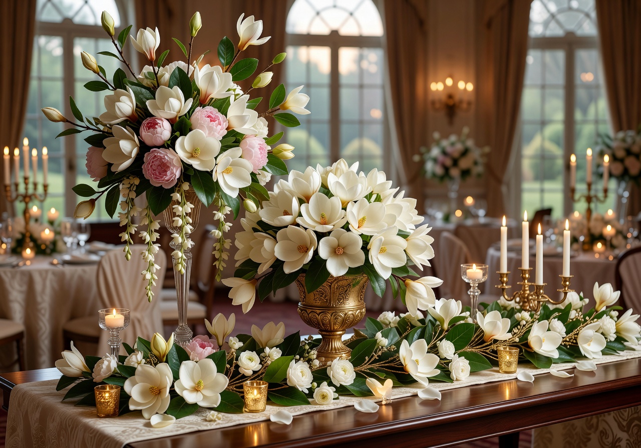 Magnolia design opulent wedding reception centerpieces