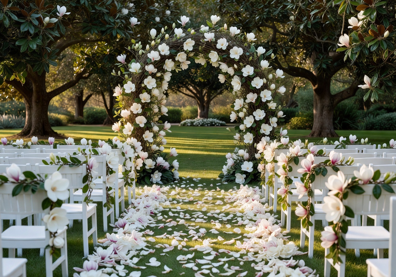 Magnolia design outdoor romantic wedding ceremony setup