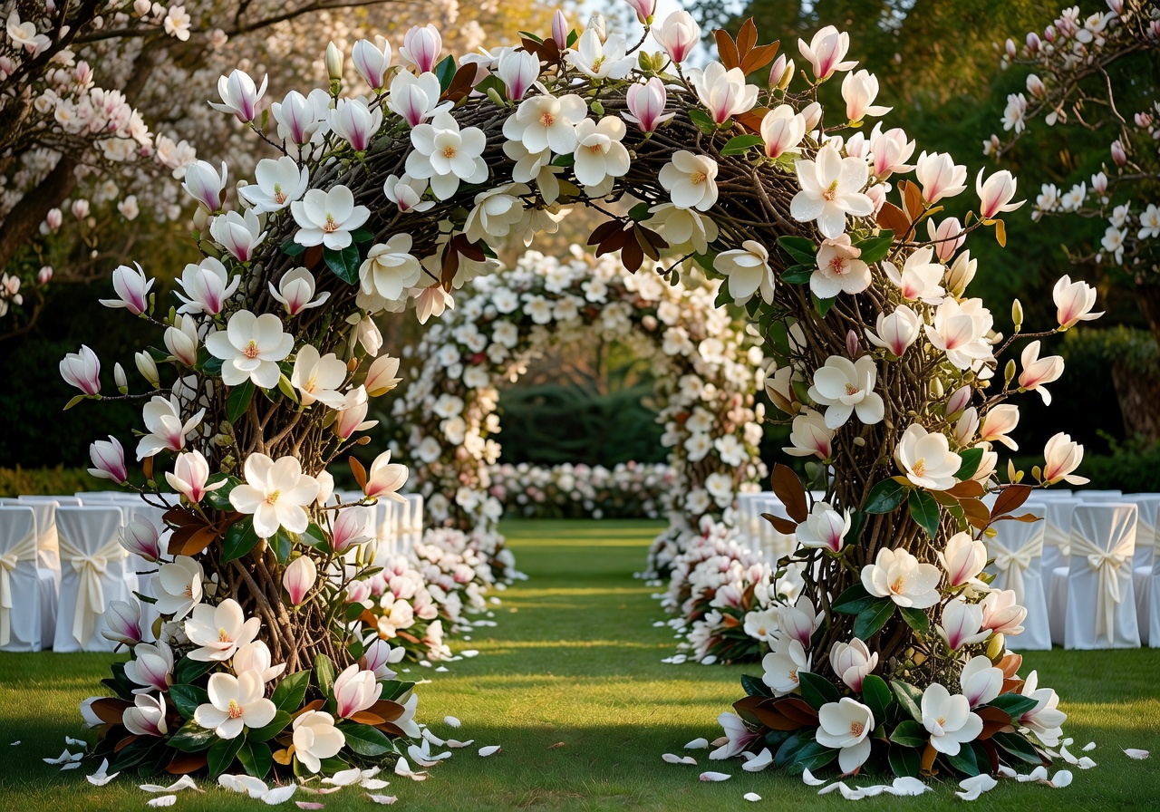 Magnolia design lush romantic floral archway for wedding ceremony