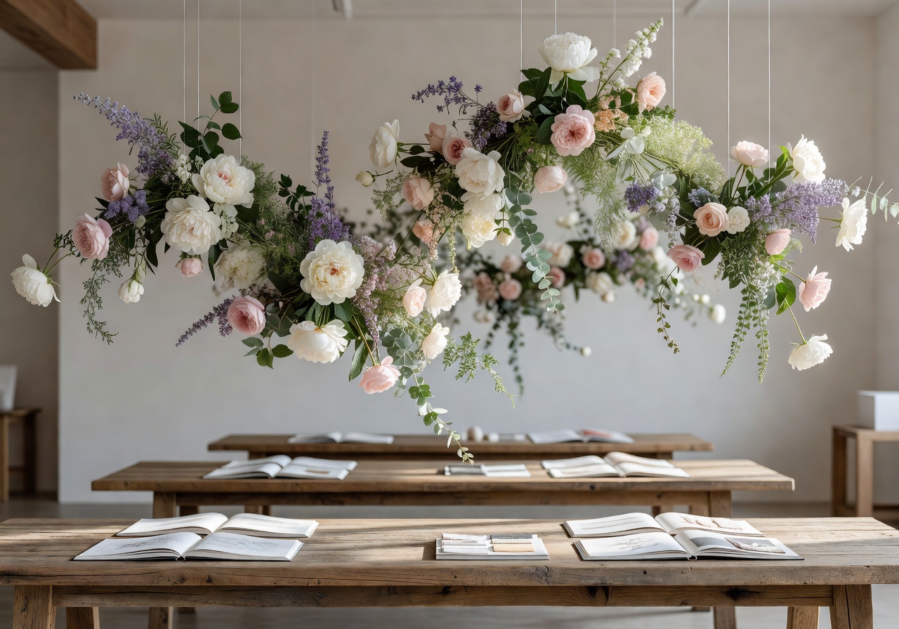 Sans design hanging floral installation over wooden tables