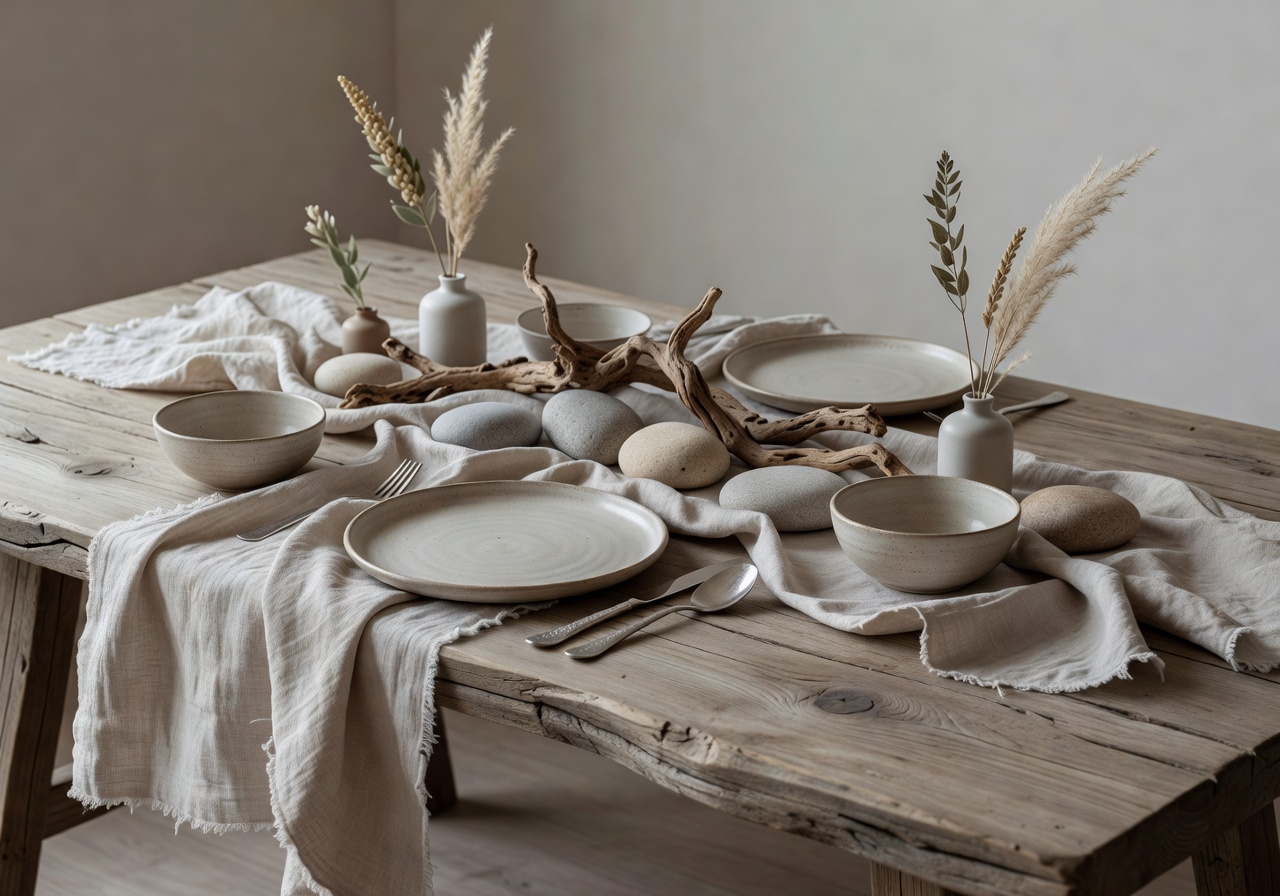 Sans design sophisticated neutral table setting with raw linens