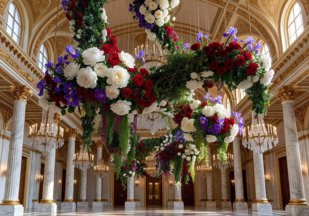 Massive hanging floral installation in a grand hall