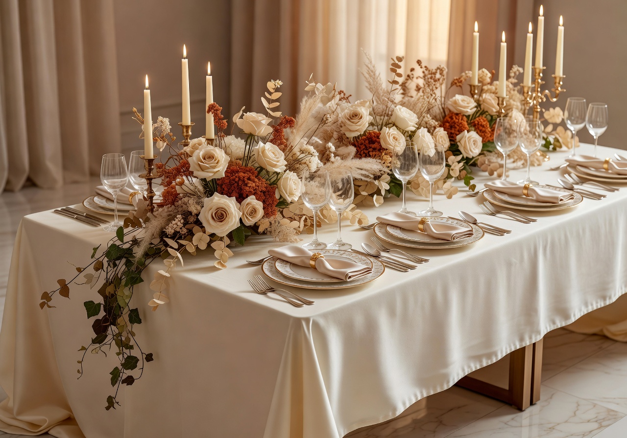 Luxury wedding reception table setting with soft beige and terracotta florals