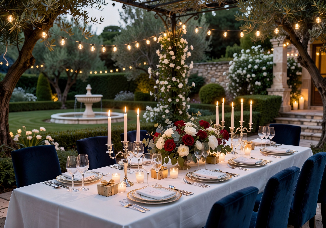 Elegant private outdoor birthday dinner setup with warm lighting