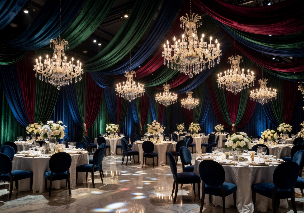 Complete venue transformation featuring dramatic draping and crystal chandeliers